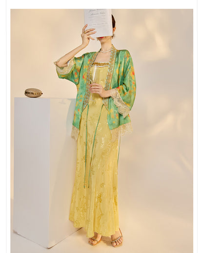 Elegant New Chinese Embroidered Jacquard Cardigan & Strap Dress Set