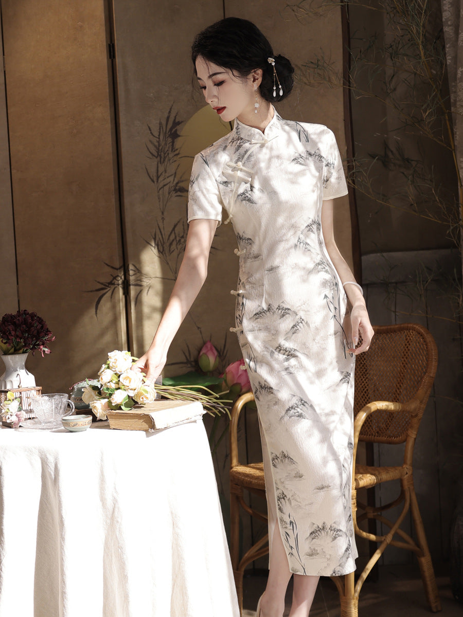 Striped Cotton Linen Cheongsam – 2025 Vintage Artistic Dress