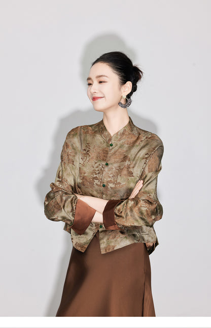 Stylish National Style Jacquard Blouse for Women