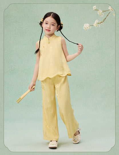 National Style Hanfu-Inspired Summer Set — Top & Pants for Children
