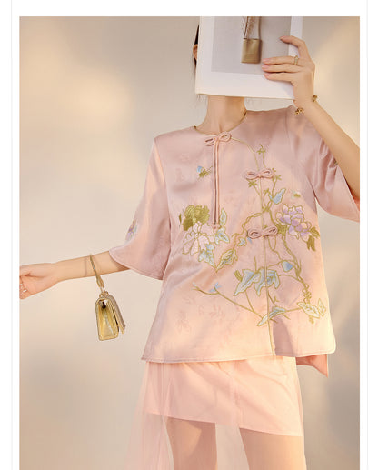 Summer New Chinese Style Embroidered Printed Top and Skirt Set