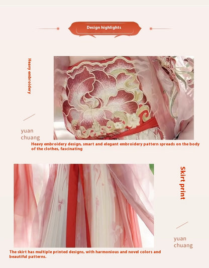 Fairy Hanfu Costume — Hibiscus Embroidered Shirt & Flowing Skirt Outfit