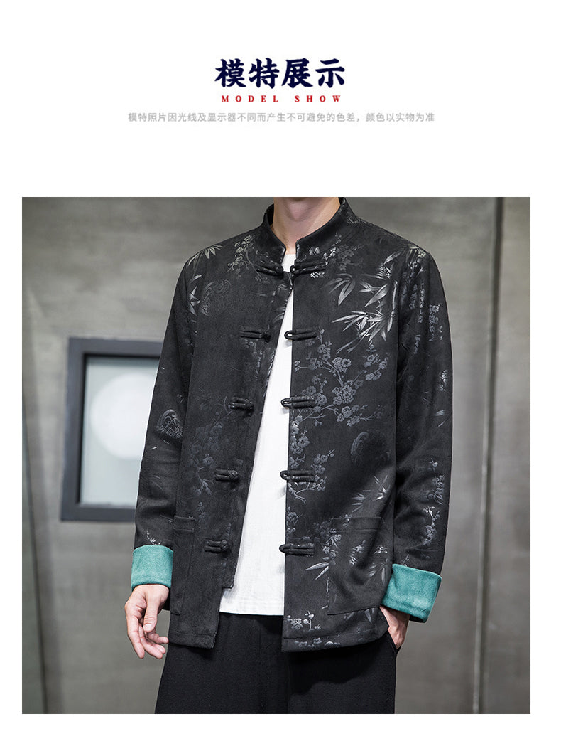 Chinese Style Mens Retro Tang Suit Button Printed Velvet Coat