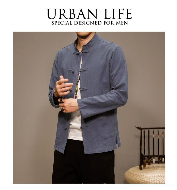 Men’s Chinese Style Cotton Linen Tang Shirt Long Sleeve Casual Retro