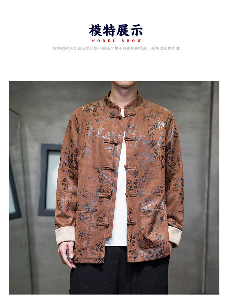 Chinese Style Mens Retro Tang Suit Button Printed Velvet Coat