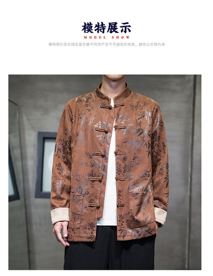 Chinese Style Mens Retro Tang Suit Button Printed Velvet Coat