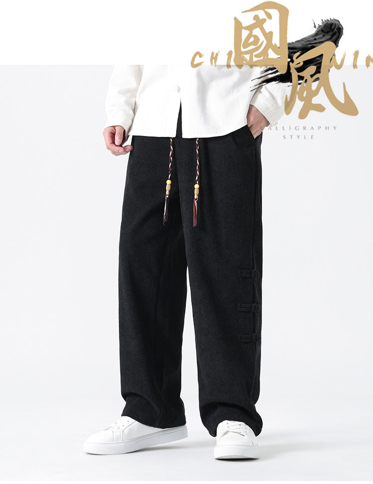 Chinese Style Mens Button Corduroy Pants Large Size Casual Sweatpants