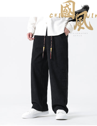 Chinese Style Mens Button Corduroy Pants Large Size Casual Sweatpants