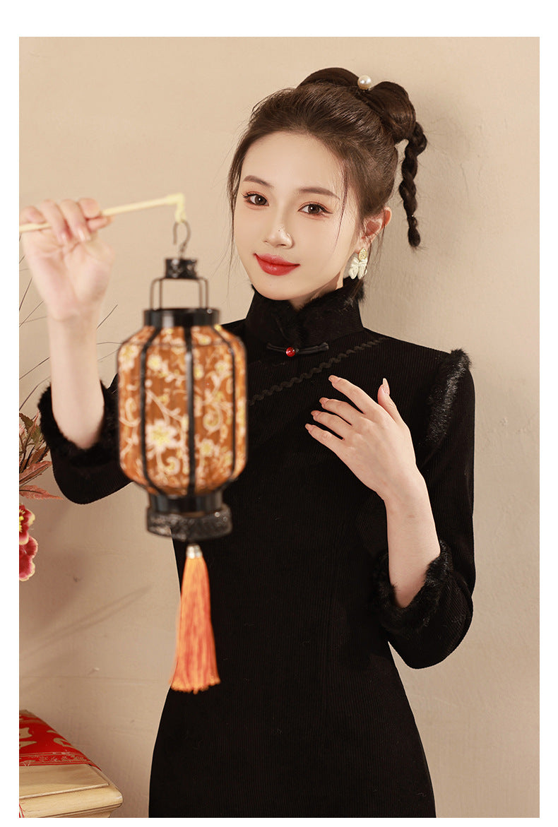 Red Winter Short Qipao Jacket | Fleece-Lined Thickened New Year Dress