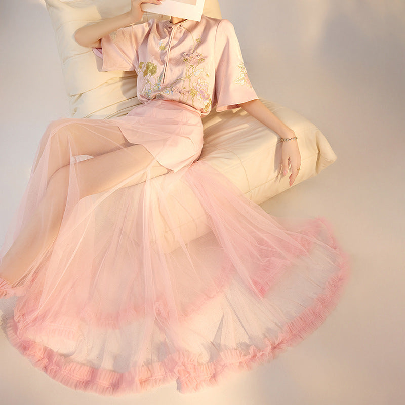 Summer New Chinese Style Embroidered Printed Top and Skirt Set