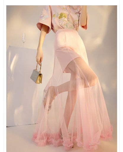 Summer New Chinese Style Embroidered Printed Top and Skirt Set