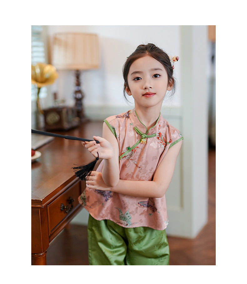 Retro Chinese Style Girls Two-Piece — Summer Cheongsam Top & Skirt
