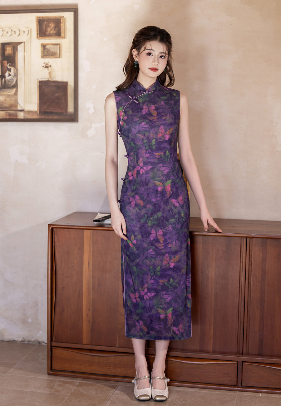 Purple Chinese Style Qipao – Butterfly Elegant Daily Dress