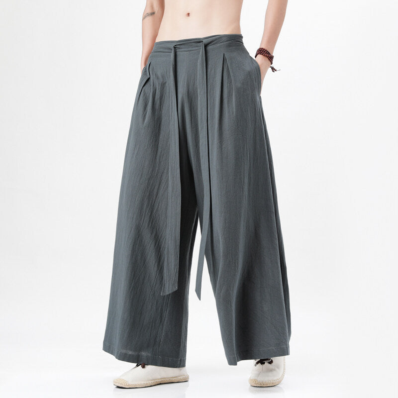 Mens Chinese Style Hanfu Linen Nine Point Retro Wide Leg Pants