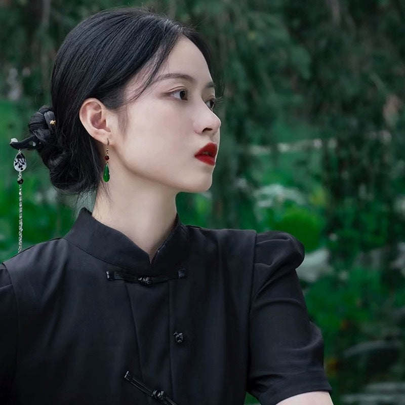 Imitation Chalcedony Green Earrings | New Chinese Style Ancient Water Drop Accessory