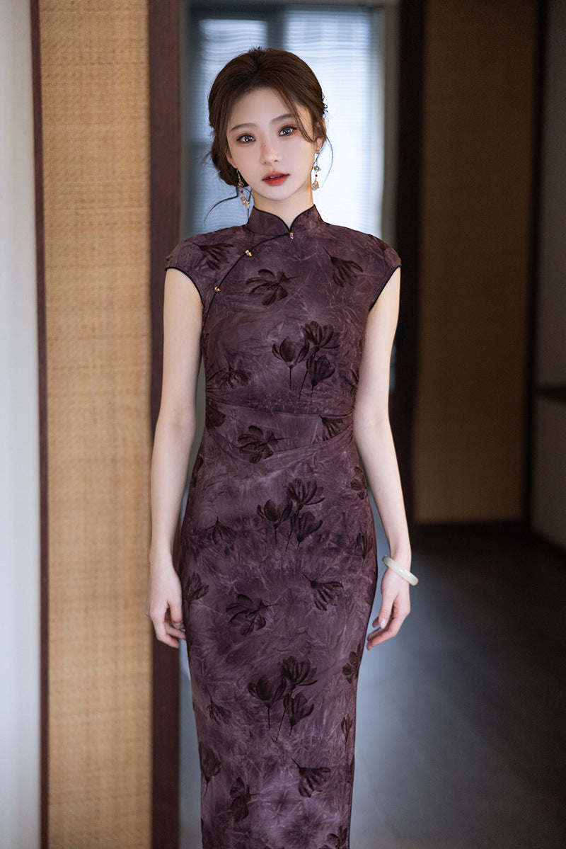 Elegant Purple Cheongsam – 2025 Slim Fit Retro Dress