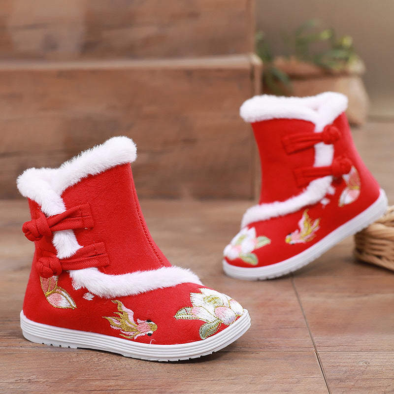 Girls’ Winter Hanfu Shoes | Fleece-Lined Embroidered Non-Slip Cotton Boots