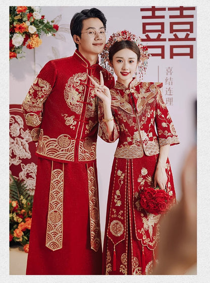 Chinese Wedding Dress Dragon Phoenix Xiuhe Bride & Groom Set