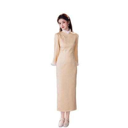 Yellow Fleece-Lined Winter Qipao | Thickened Long-Sleeve Retro Dress 2025