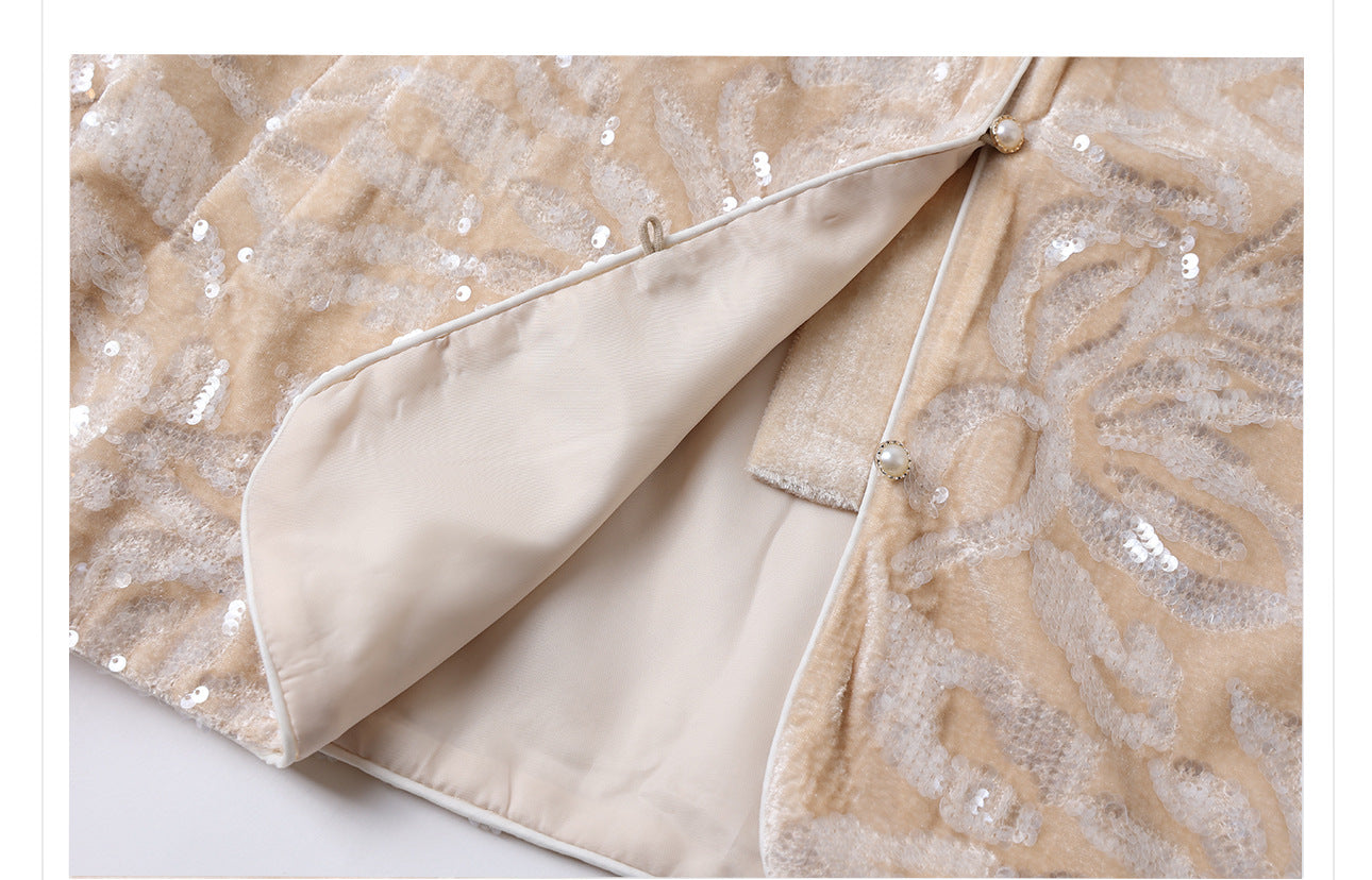 New Chinese Satin Floral Sequin Button Light Luxury Loose Coat