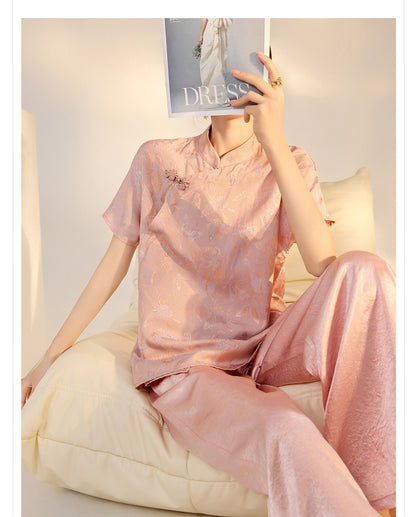 New Chinese Style High-Waist Wide-Leg Acetate Pants for Women