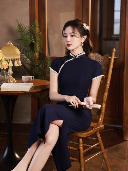 Navy Blue Old Shanghai Cheongsam – Mid-Length Summer Dress