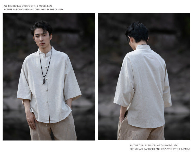 Summer Chinese Cotton Linen Shirt Men Casual Thin Youth Trend Top