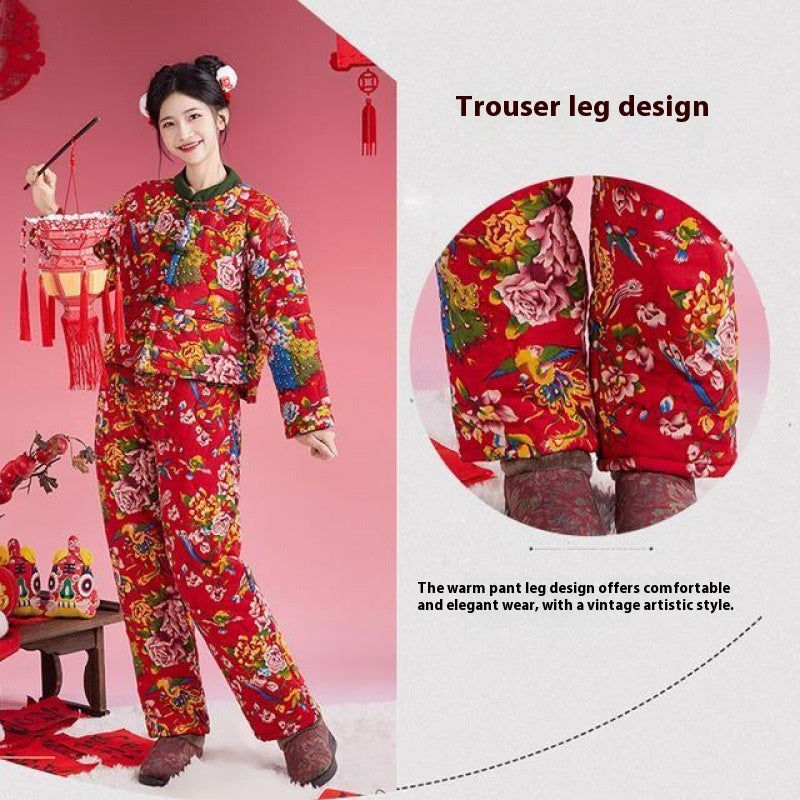 Northeast Floral Winter Jacket Women Thick Ethnic Cotton Coat Set