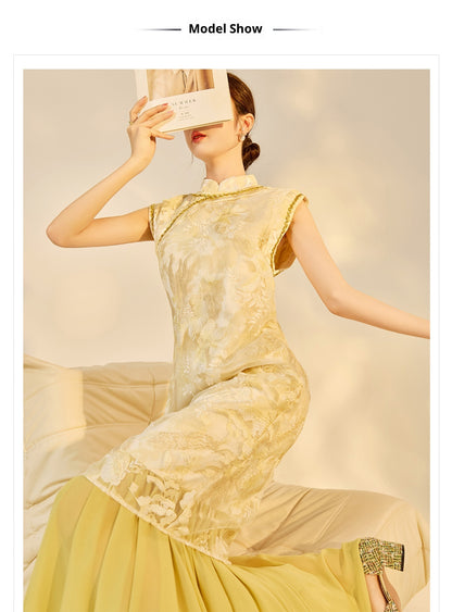 New Chinese Style Printed Cheongsam | Autumn Elegant Beaded Dress