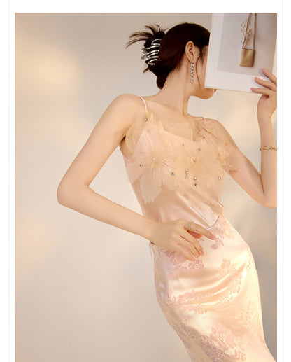 New Chinese Style Beaded Floral Acetate Top | Elegant Short Camisole