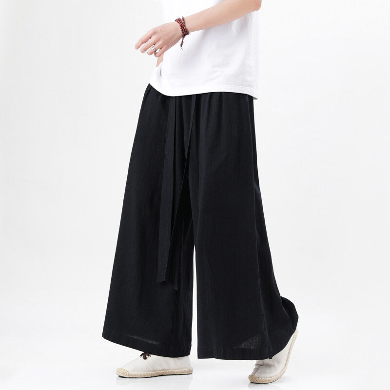 Mens Chinese Style Hanfu Linen Nine Point Retro Wide Leg Pants
