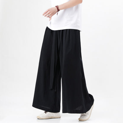 Mens Chinese Style Hanfu Linen Nine Point Retro Wide Leg Pants