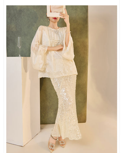 New Chinese Style Beaded Embroidered High-End Blouse for Women