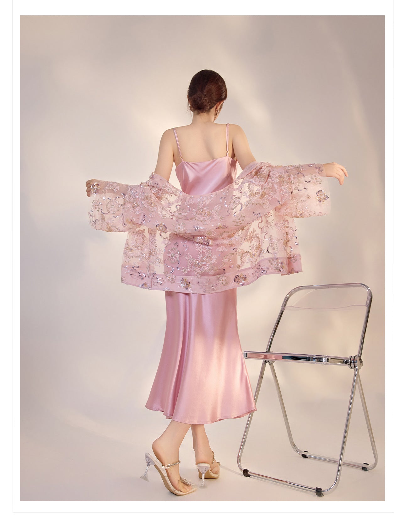 French Style Pink 3D Rose Acetate Strap Dress Elegant Long Gown