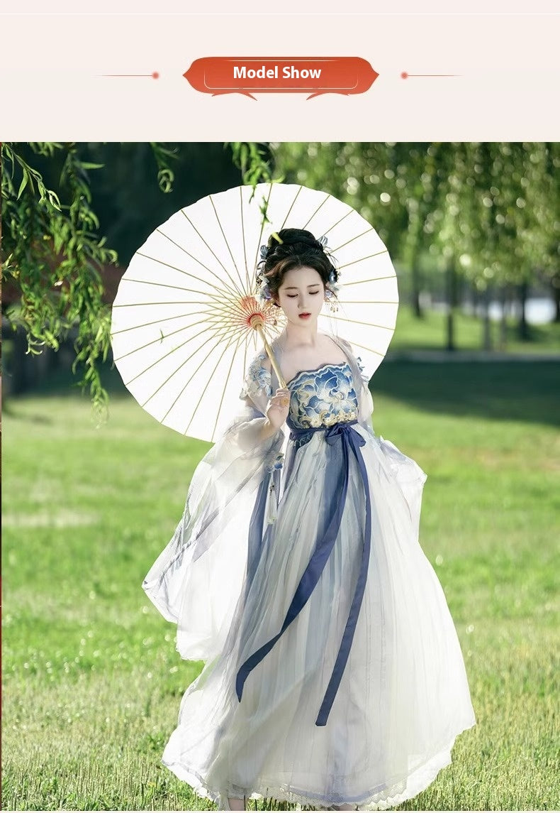 Fairy Hanfu Costume — Hibiscus Embroidered Shirt & Flowing Skirt Outfit