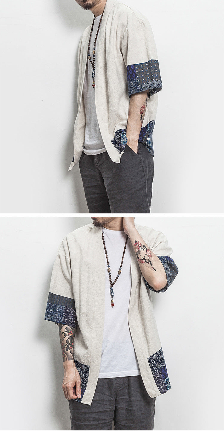 Summer Chinese Hanfu Cardigan Men’s Cotton Linen Patchwork Robe