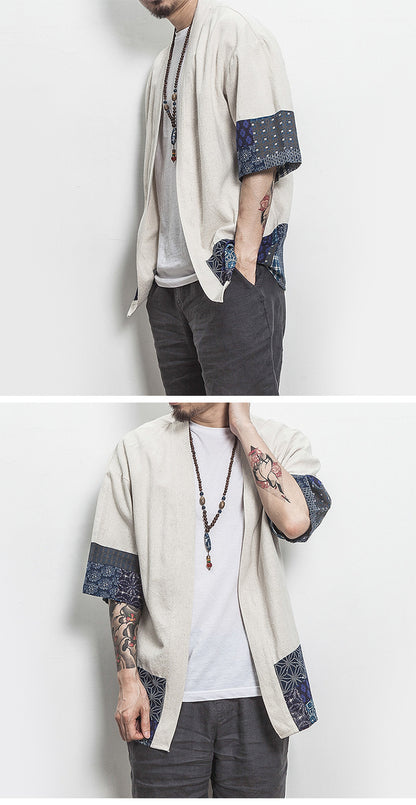 Summer Chinese Hanfu Cardigan Men’s Cotton Linen Patchwork Robe