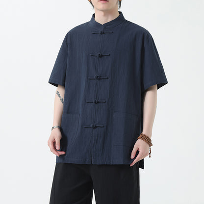 Chinese Style Mens Cotton Linen Shirt Half Sleeve Button Up Casual Top