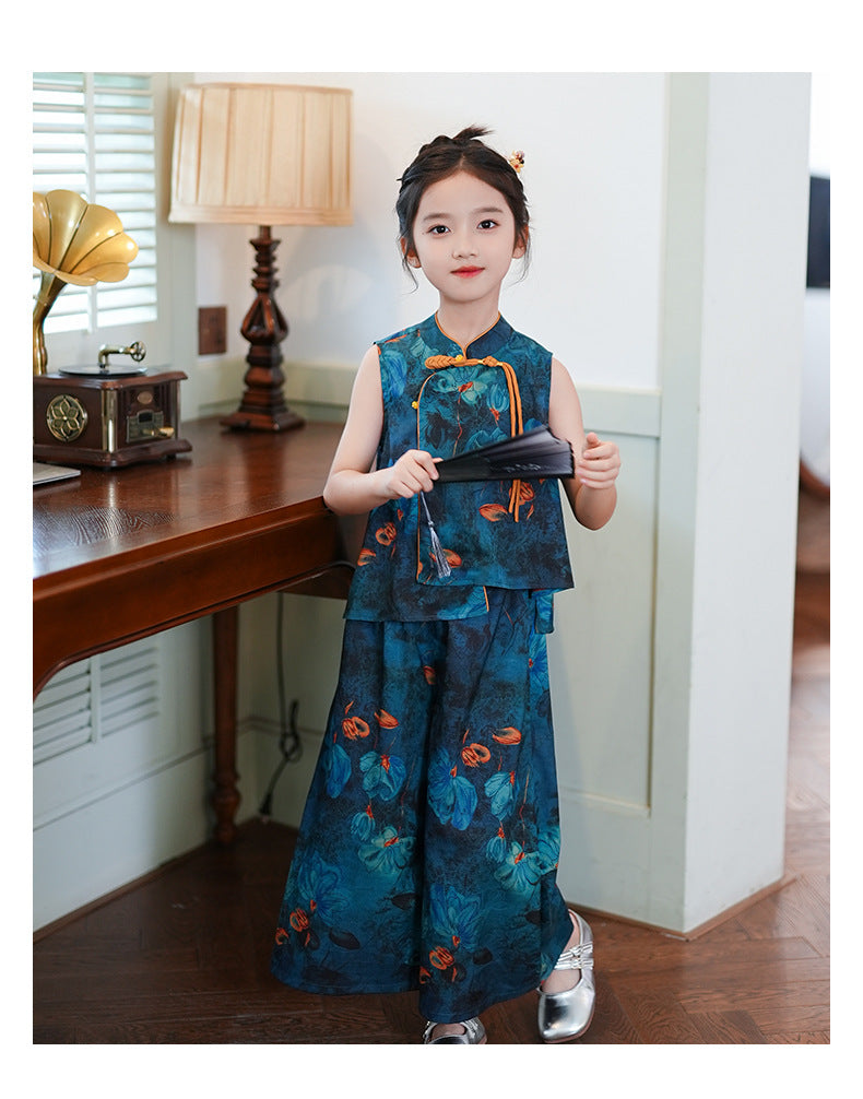 Children’s Summer Hanfu — Floral Top & Comfortable Wide-Leg Pants