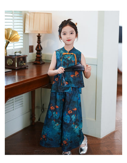 Children’s Summer Hanfu — Floral Top & Comfortable Wide-Leg Pants