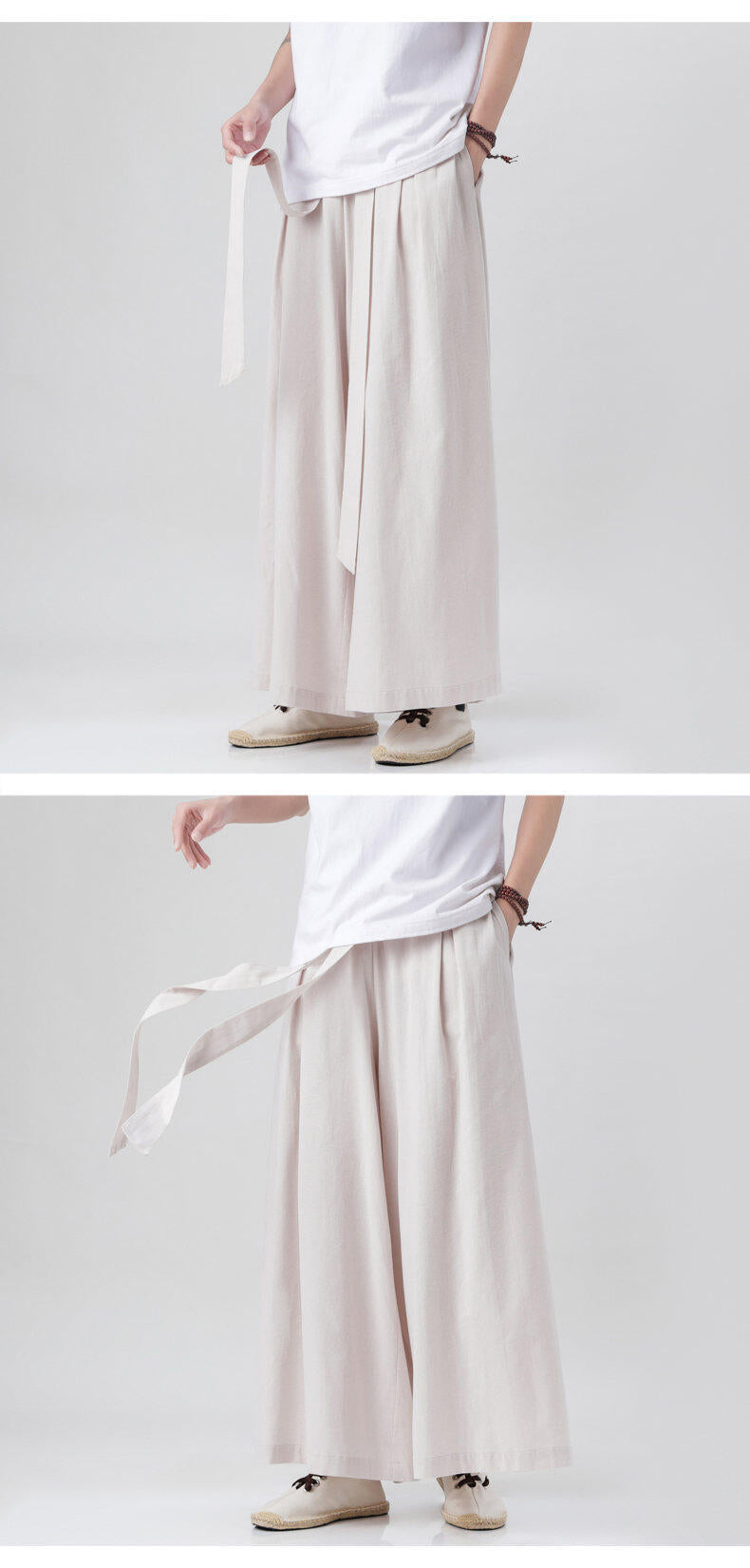 Mens Chinese Style Hanfu Linen Nine Point Retro Wide Leg Pants