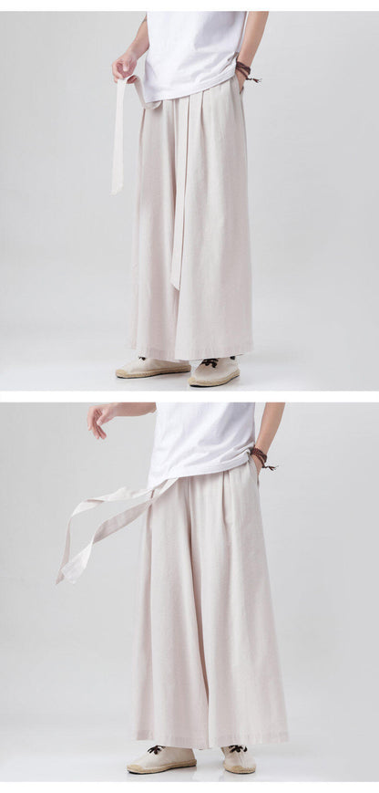 Mens Chinese Style Hanfu Linen Nine Point Retro Wide Leg Pants