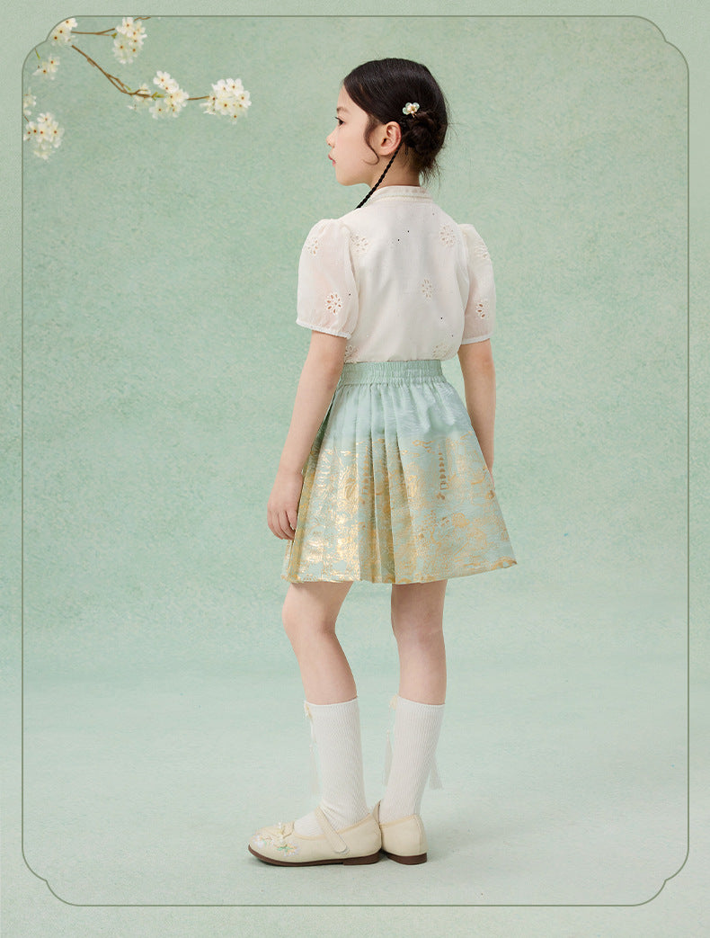 Girls Summer Hanfu Set — Short Sleeve Shirt & Mamian Skirt Two-Piece