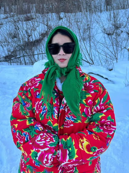 Festive Northeast Large Floral Cotton Jacket Loose Winter Coat
