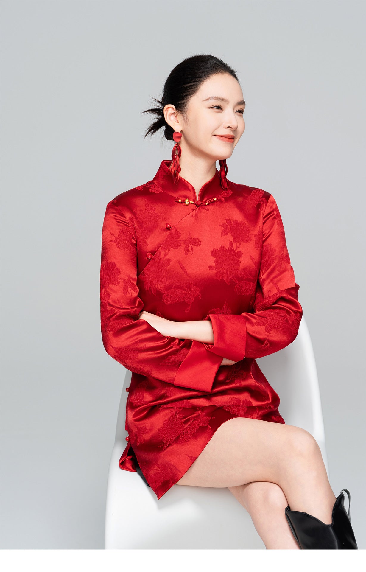 Improved Red Chinese Style Stand Collar Elegant Dress