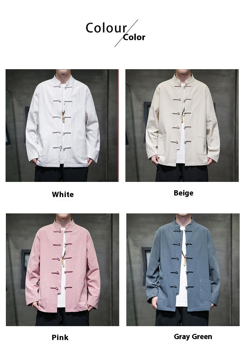 Mens Autumn Chinese Style Hanfu Tang Suit Button Up Cotton Linen Top