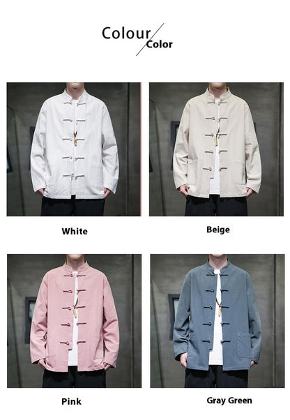 Mens Autumn Chinese Style Hanfu Tang Suit Button Up Cotton Linen Top
