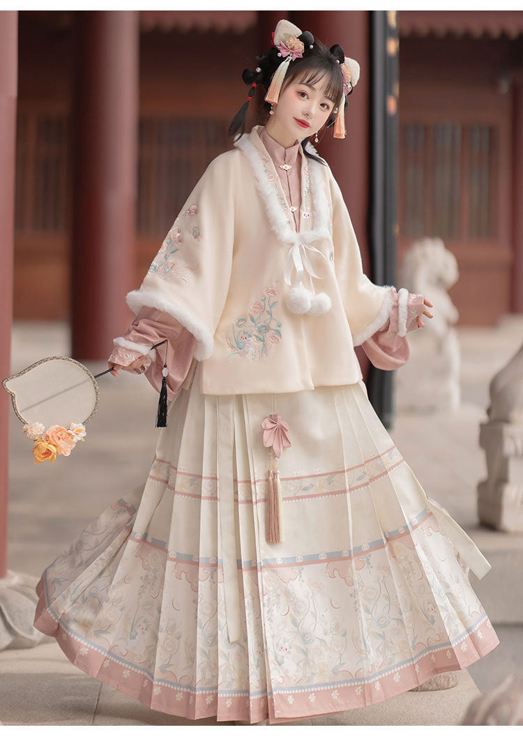 Trees of Sea Women Ming Hanfu Set: Embroidered Stand Collar Jacket & Horse Face Skirt New Year