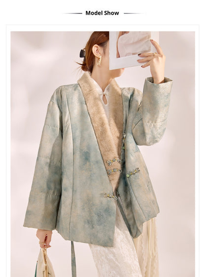 New Chinese Style Feather Collar Embroidered Cotton Jacket for Women