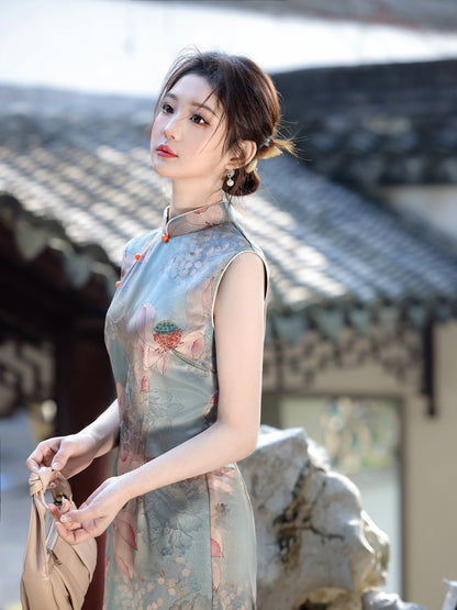 Oil Painting Print Sleeveless Cheongsam – Elegant Slim Dress
